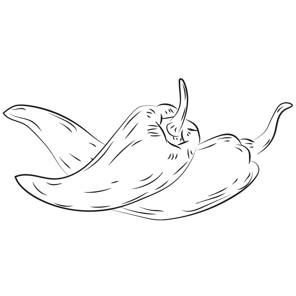 Illustrazione di peperoncini rossi, disegnati in stile semplice e dettagliato, con contorni neri su sfondo bianco.